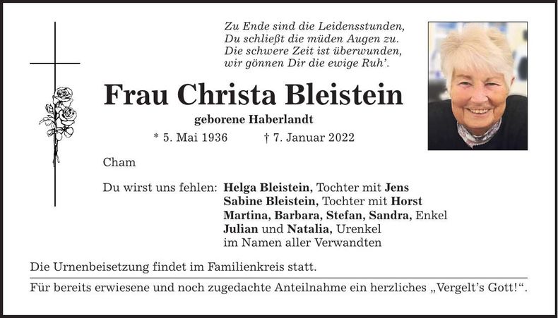 Traueranzeige Christa Bleistein