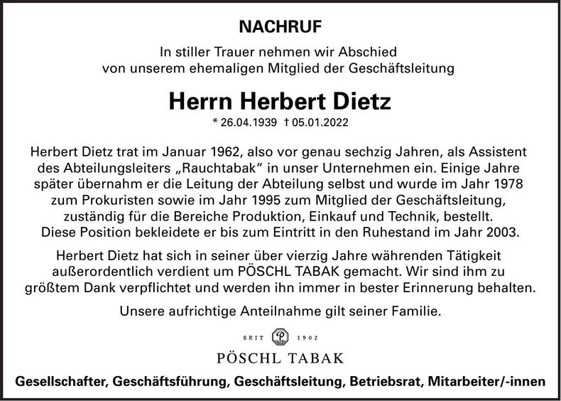 Traueranzeige Herbert Dietz