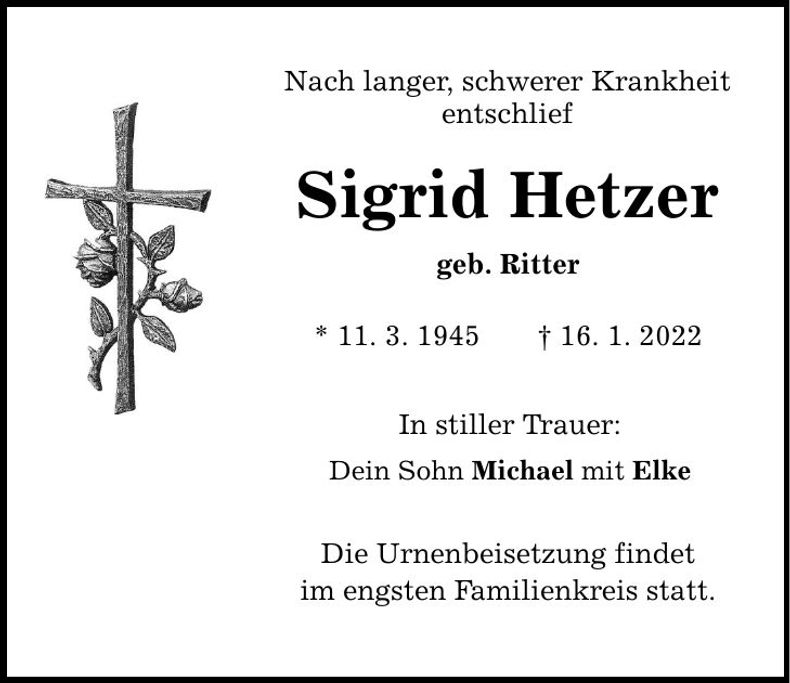 Traueranzeige Sigrid Hetzer
