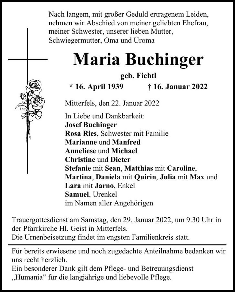 Traueranzeige Maria Buchinger