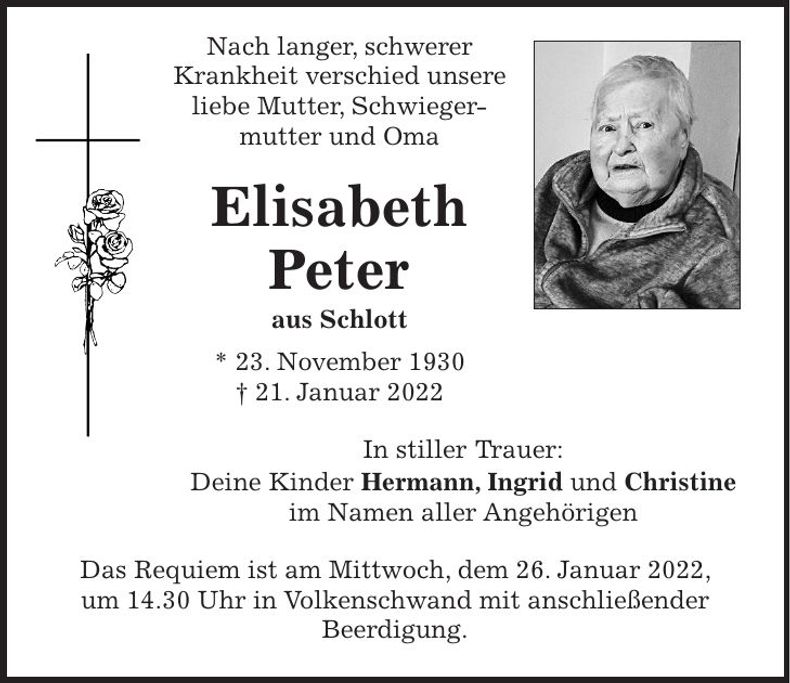 Traueranzeige Elisabeth Peter