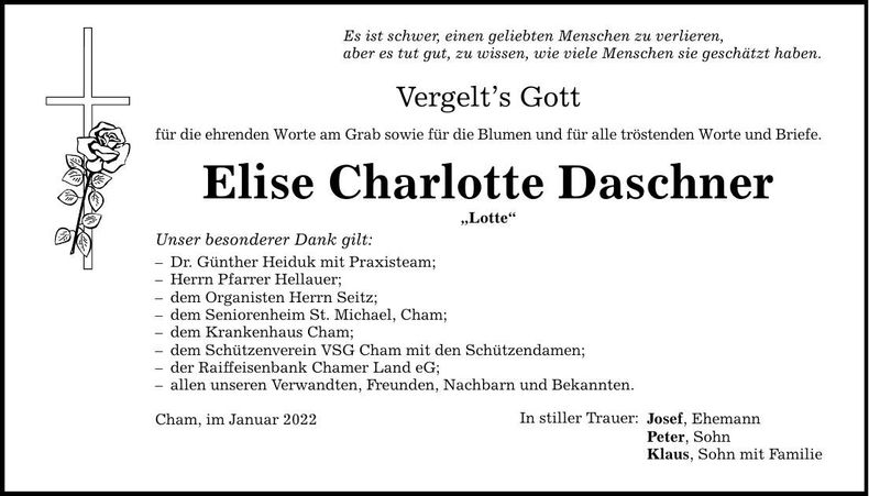 Traueranzeige Elise Charlotte Daschner