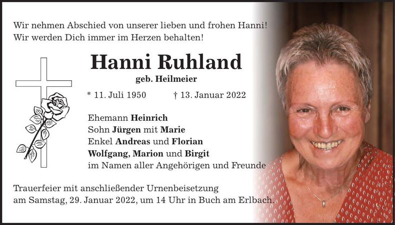 Traueranzeige Hanni Ruhland