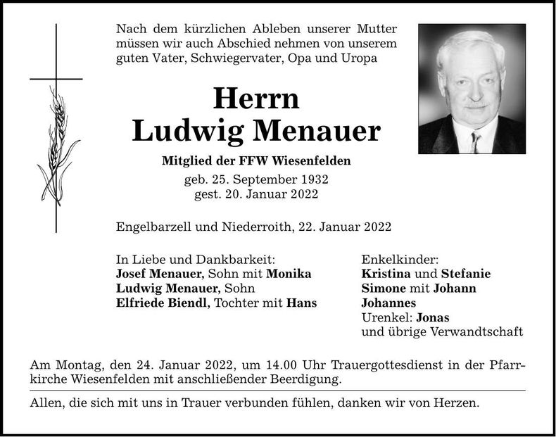 Traueranzeige Ludwig Menauer
