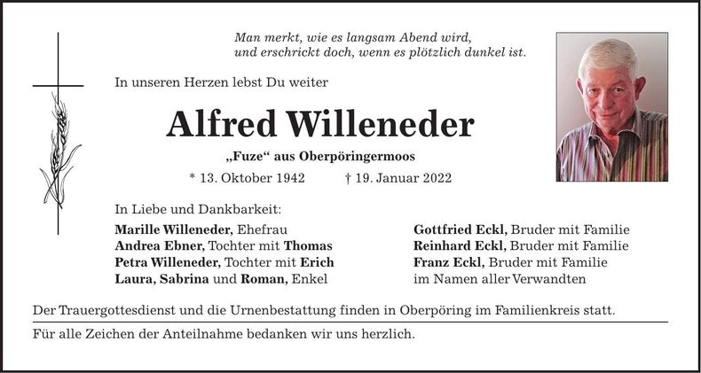 Traueranzeige Alfred Willeneder