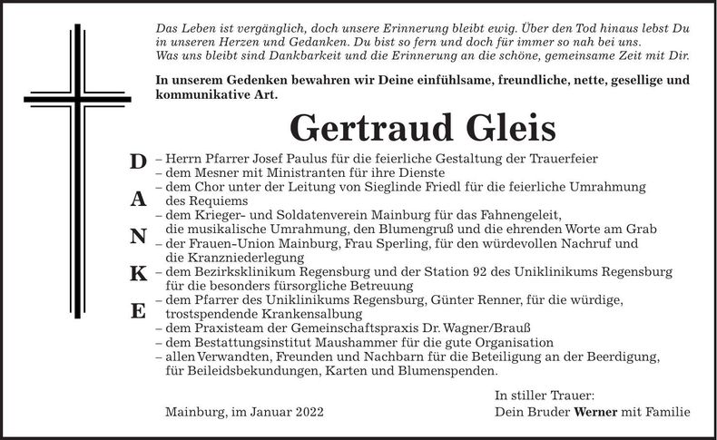 Traueranzeige Gertraud Gleis