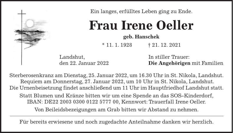 Traueranzeige Irene Oeller