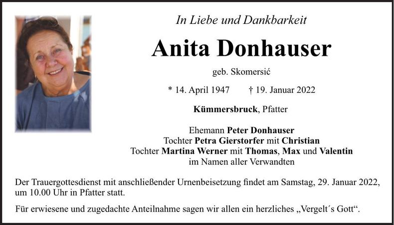 Traueranzeige Anita Donhauser