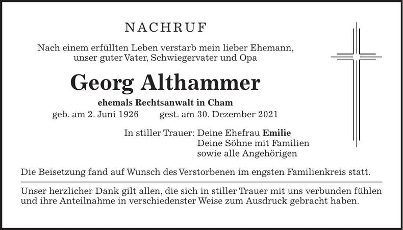 Traueranzeige Georg Althammer