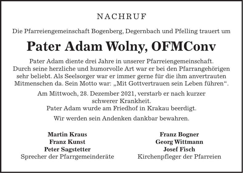 Traueranzeige Pater Adam Wolny