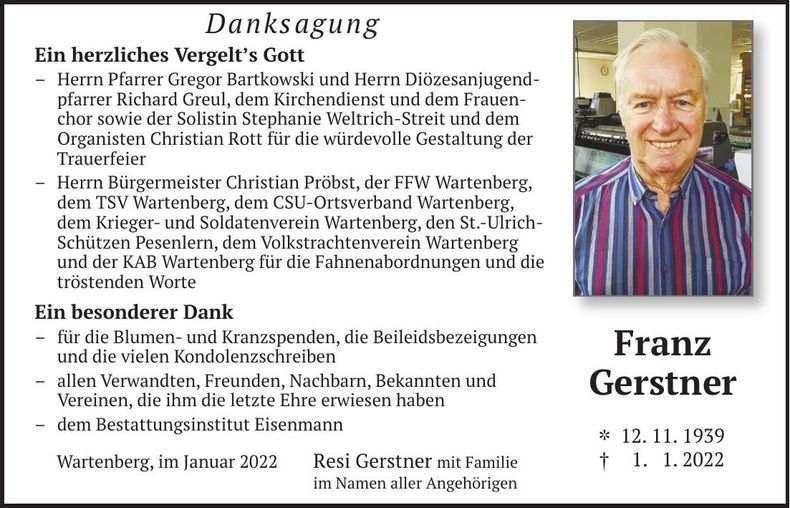 Traueranzeige Franz Gerstner