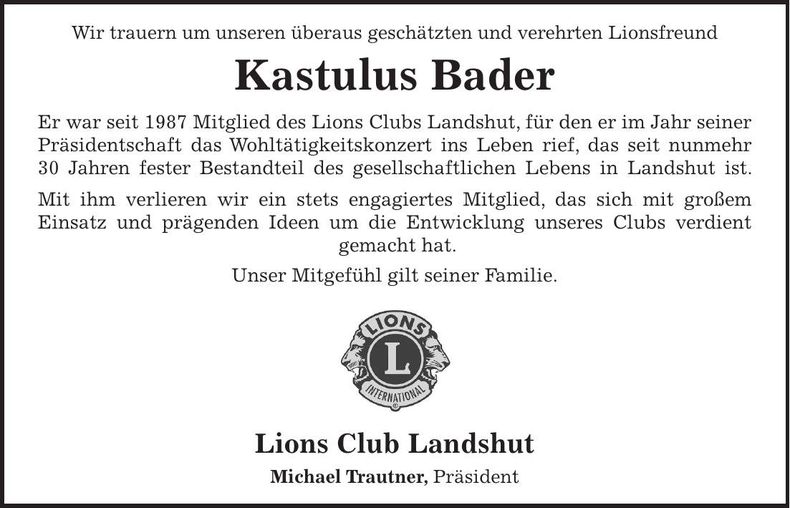 Traueranzeige Kastulus Bader