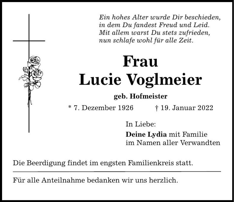 Traueranzeige Lucie Voglmeier
