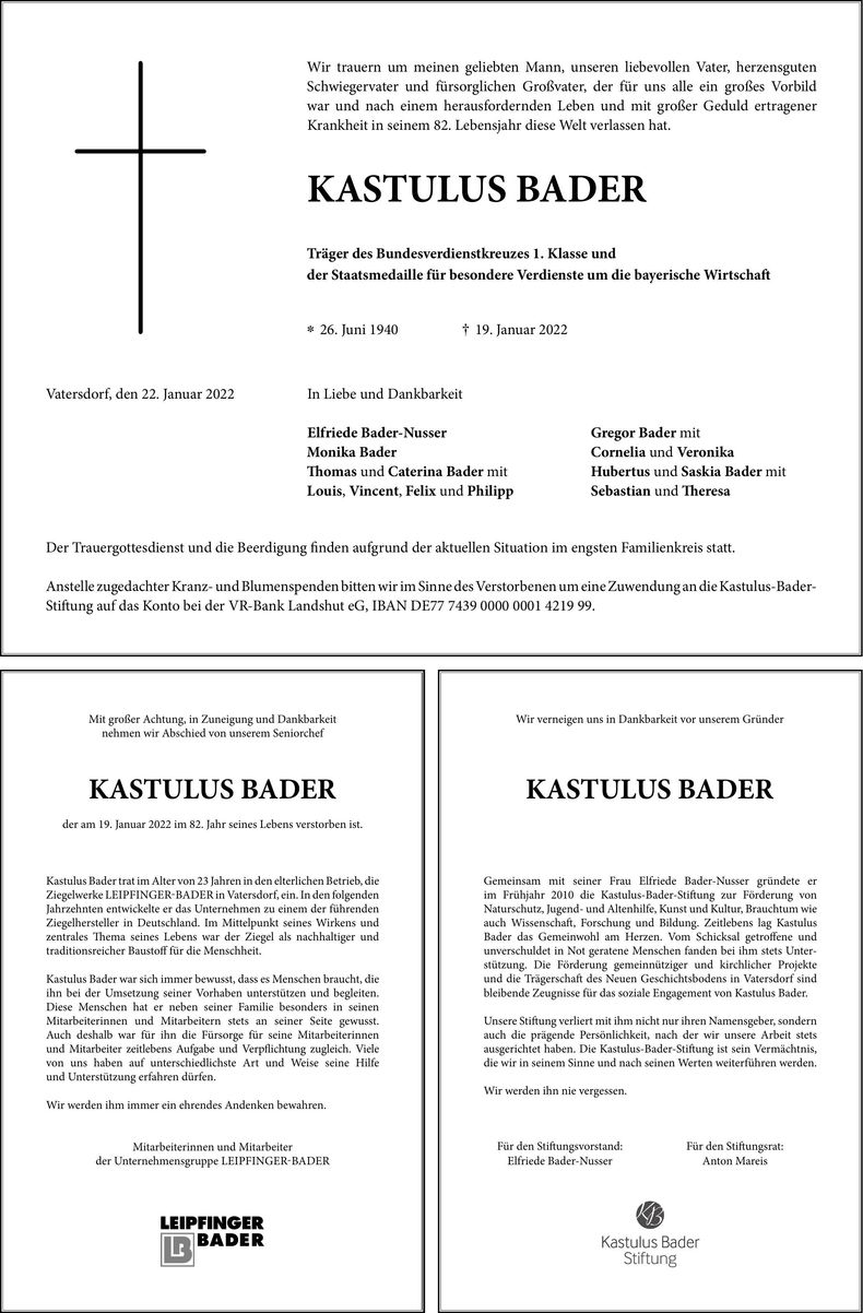 Traueranzeige Kastulus Bader