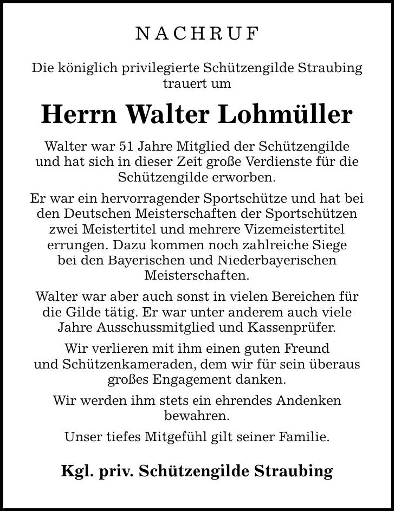 Traueranzeige Walter Lohmüller