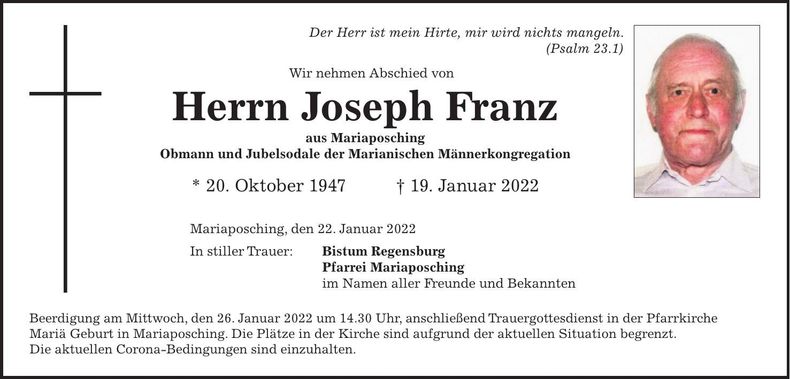 Traueranzeige Joseph Franz