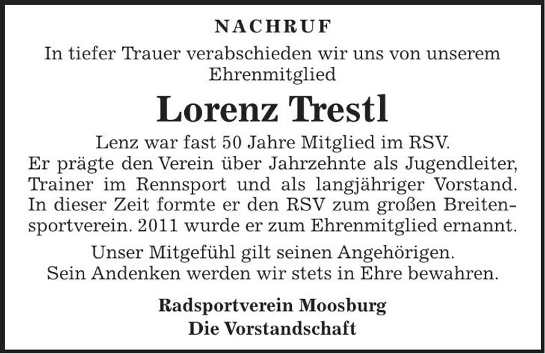 Traueranzeige Lorenz Trestl