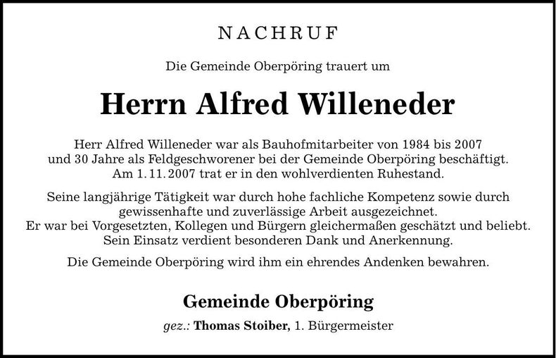 Traueranzeige Alfred Willeneder