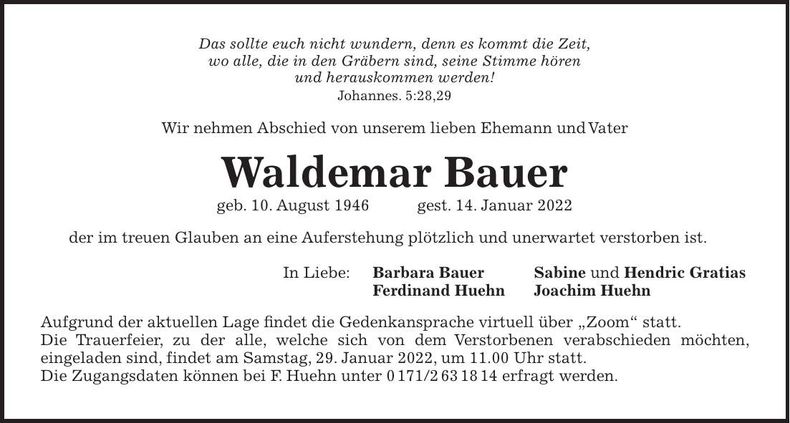 Traueranzeige Waldemar Bauer