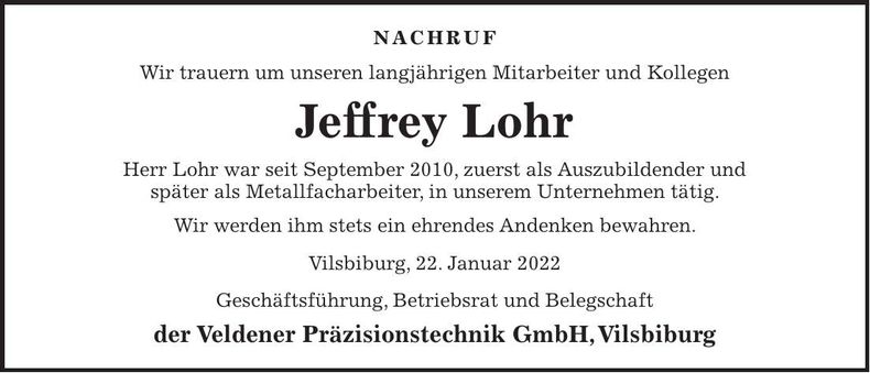 Traueranzeige Jeffrey Lohr
