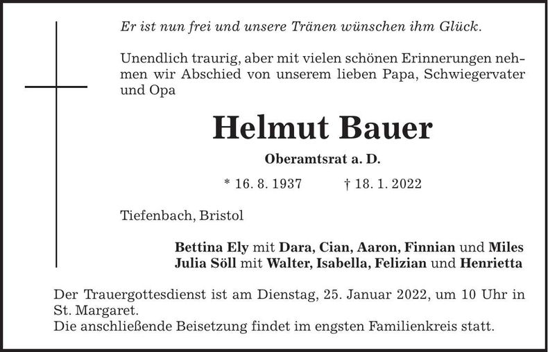 Traueranzeige Helmut Bauer