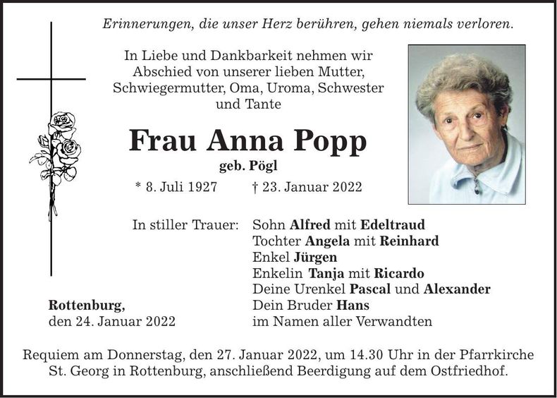 Traueranzeige Anna Popp