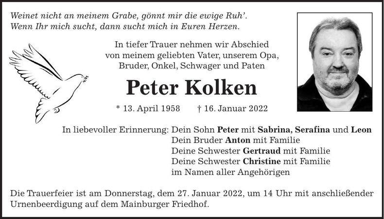 Traueranzeige Peter Kolken
