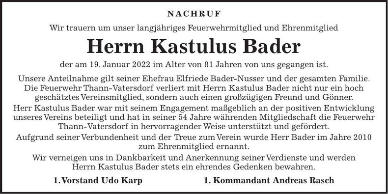 Traueranzeige Kastulus Bader