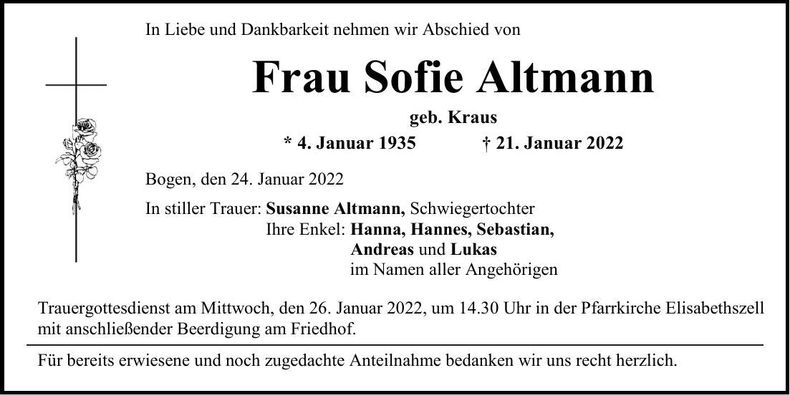 Traueranzeige Sofie Altmann