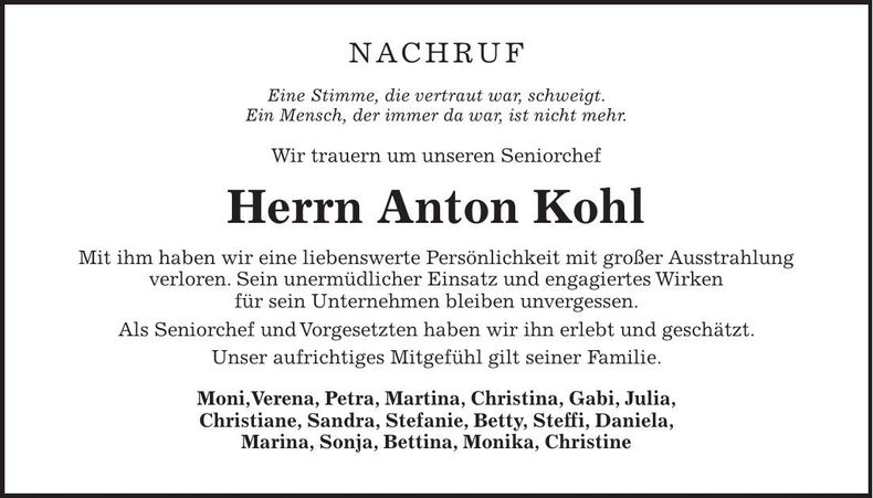 Traueranzeige Anton Kohl