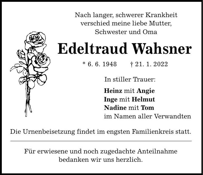 Traueranzeige Edeltraud Wahsner
