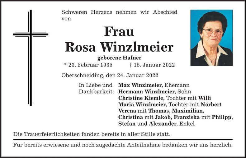 Traueranzeige Rosa Winzlmeier
