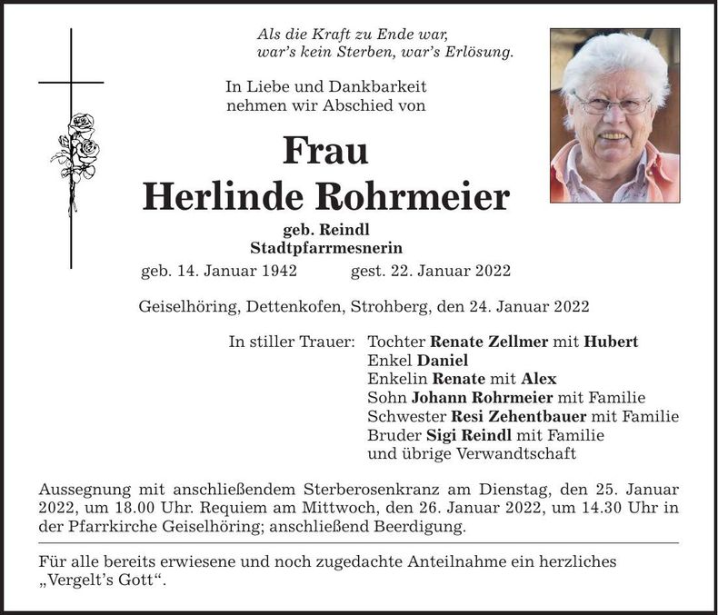 Traueranzeige Herlinde Rohrmeier
