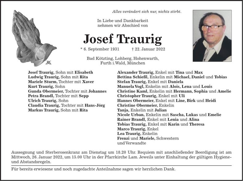 Traueranzeige Josef Traurig