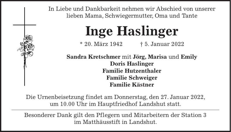 Traueranzeige Inge Haslinger