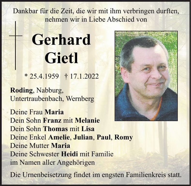 Traueranzeige Gerhard Gietl
