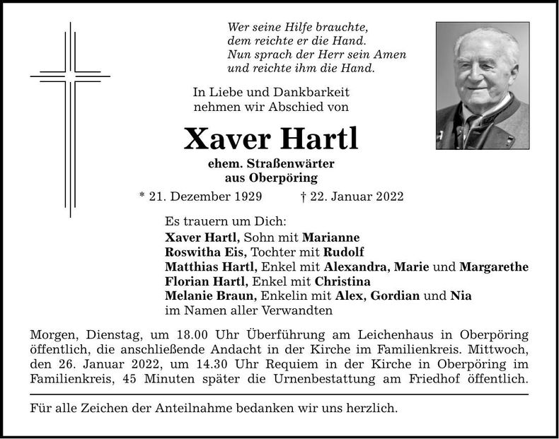 Traueranzeige Xaver Hartl