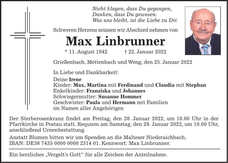 Traueranzeige Max Linbrunner