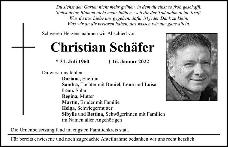 Traueranzeige Cristian Schäfer