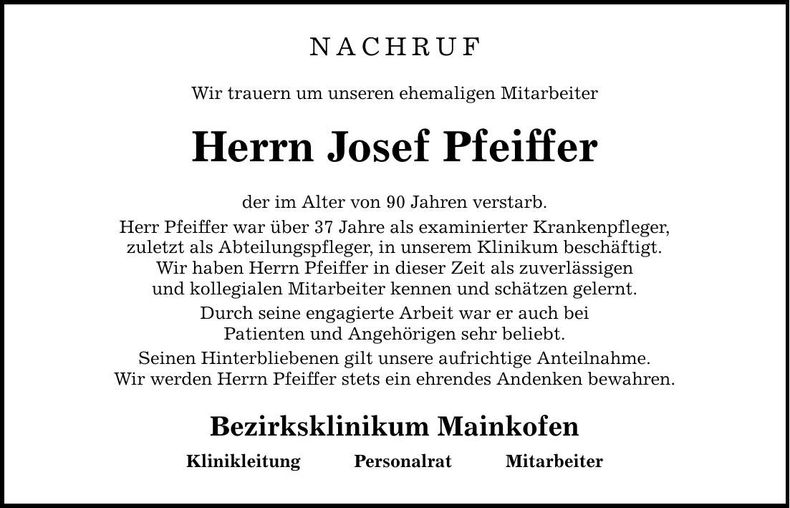 Traueranzeige Josef Pfeiffer