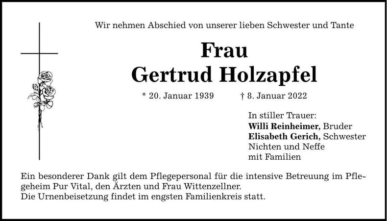 Traueranzeige Gertrud Holzapfel