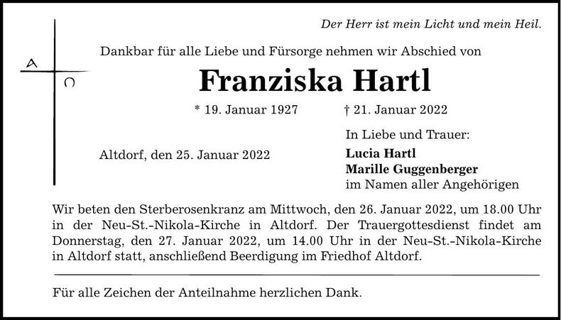 Traueranzeige Franziska Hartl