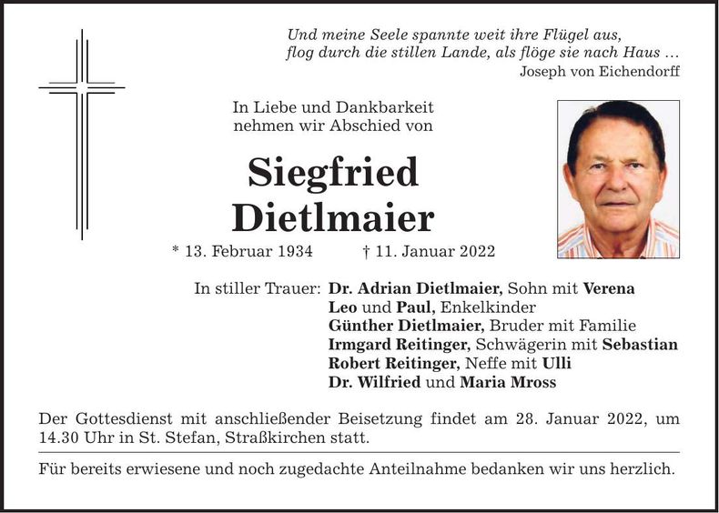 Traueranzeige Siegfried Dietlmaier