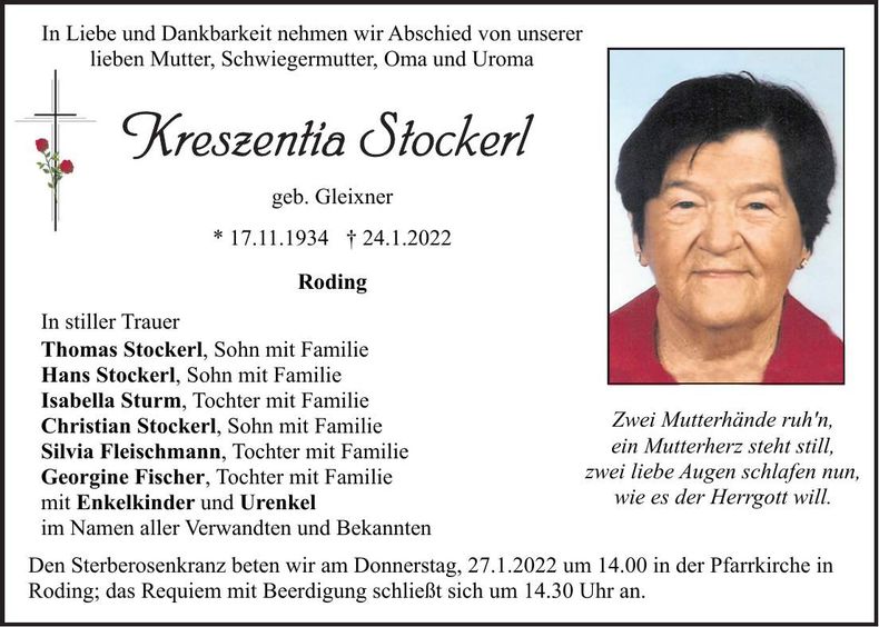 Traueranzeige Kreszentia Stockerl