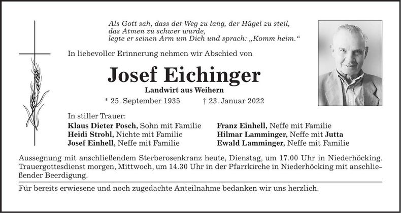 Traueranzeige Josef Eichinger