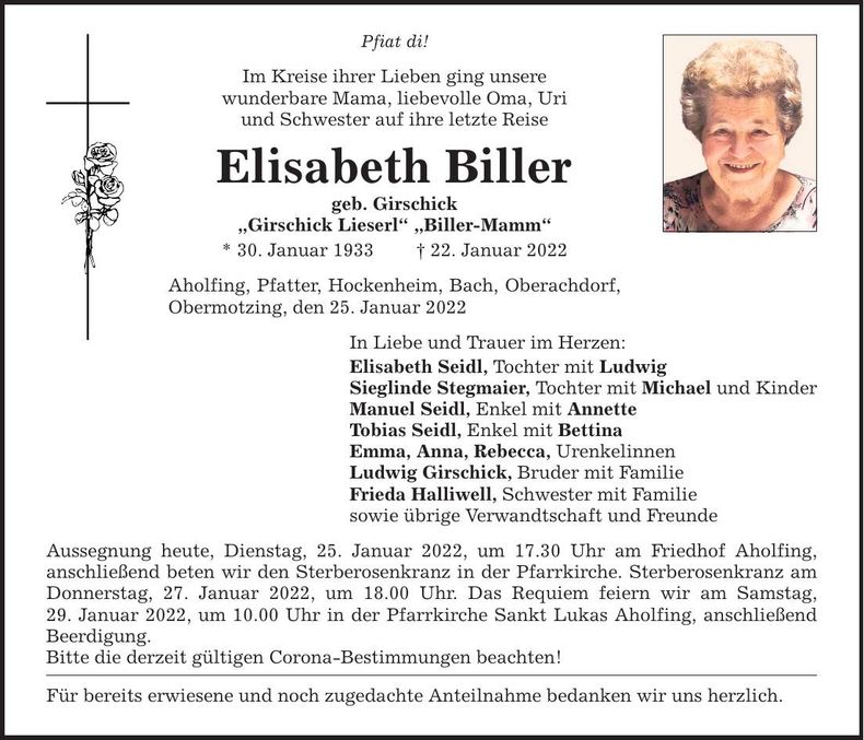Traueranzeige Elisabeth Biller