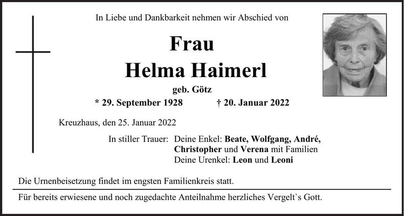 Traueranzeige Helma Haimerl