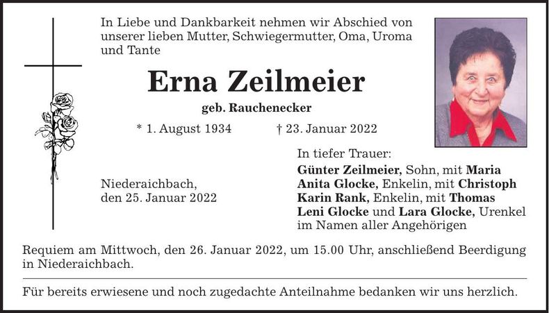 Traueranzeige Erna Zeilmeier