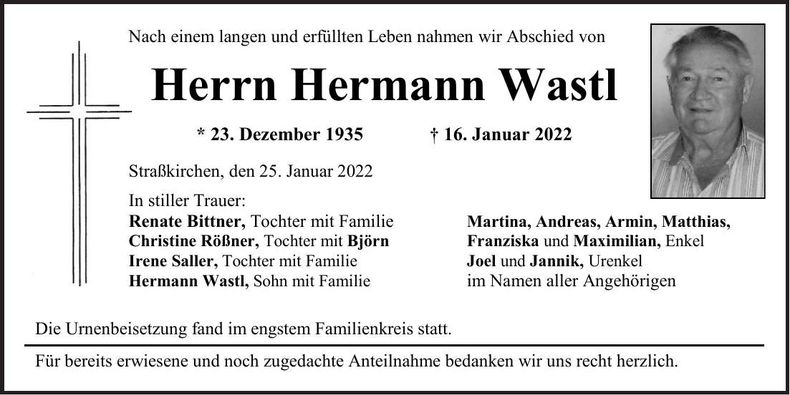 Traueranzeige Hermann Wastl