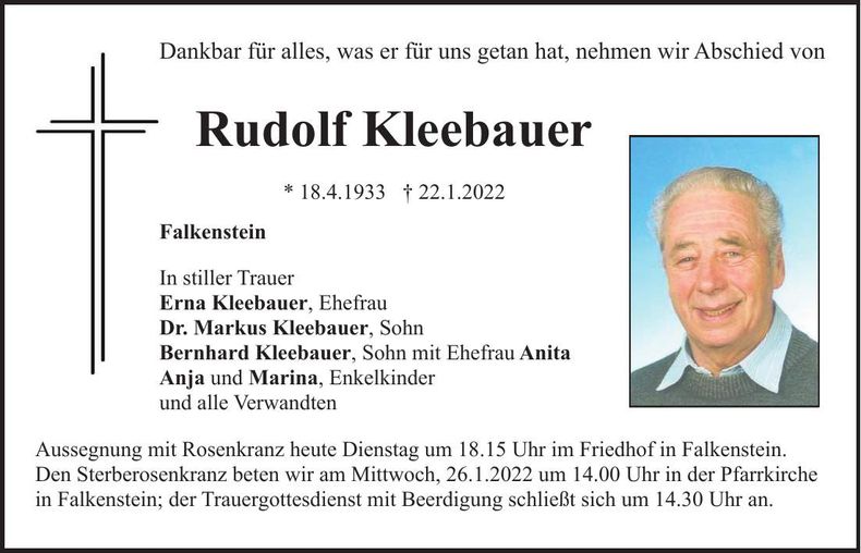 Traueranzeige Rudolf Kleebauer
